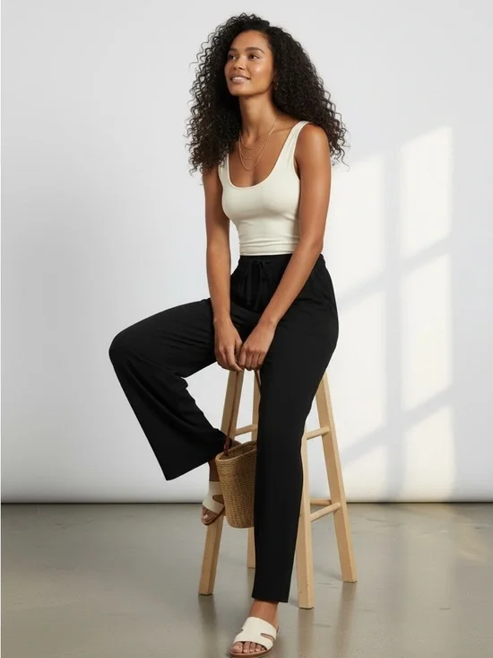 1295 • Black Rayon/Linen Blend Soft Wide Leg Drawstring Raw Edge Pocket Pants - Picture 2 of 2